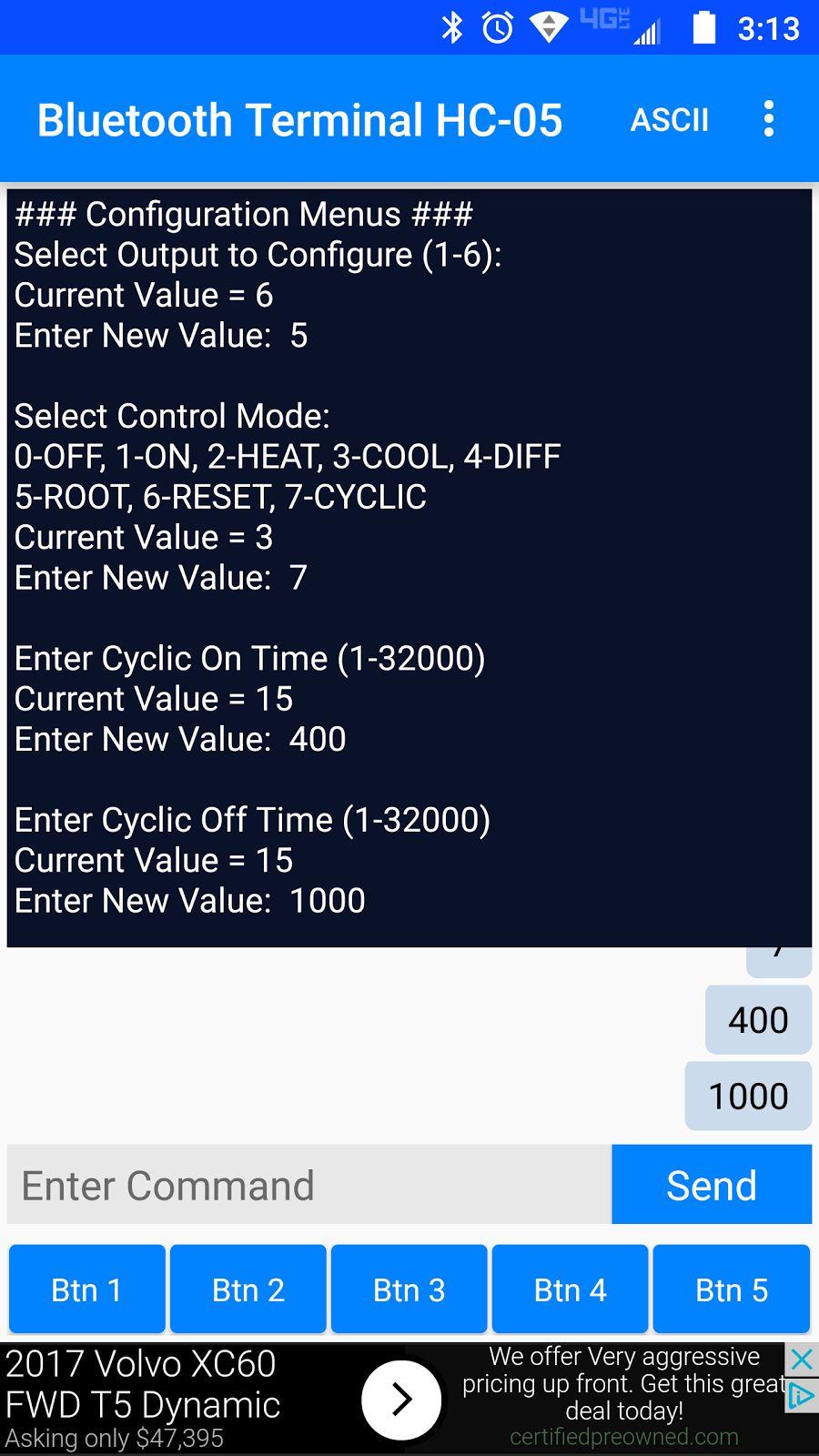 Cyclic Timer Mode (CYCLIC) Configure Cyclic Timer Menu Descriptions Value Range Select Output to Configure (1-6): 1-6 Select Control Mode: 0-OFF, 1-ON, 2-HEAT, 3-COOL, 4-DIFF 5-ROOT, 6-RESET,