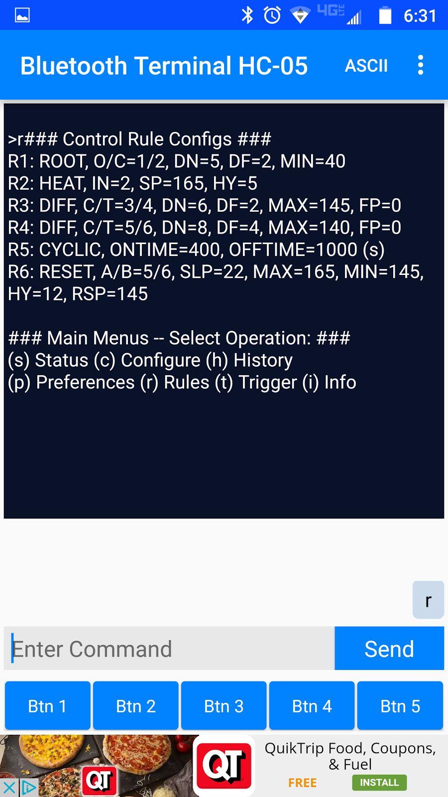 Rules Screen The rules screen shows a snapshot of all the relay control rules you have entered and their parameter values. It is accessed by entering an r at anytime.