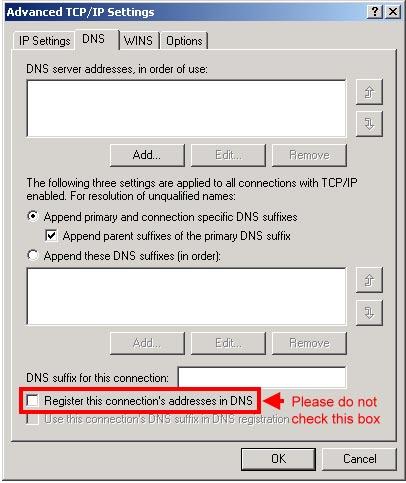 (5) Click [DNS] tab in [Advance TCP/IP setting] page, and unselect