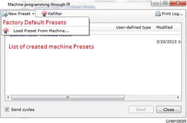 The Machine programming through IR window appears and displays the control type and available prsets for the control. Figure 37 CHM1581R 5. If necessary, create a preset. a. Create a new preset or download the control s preset.