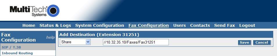 The Add Destination screen is displayed. The default setting is to send incoming faxes to the recipient s email.