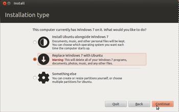 Step 9) On the Installation type window, click the radio-button for Replace Microsoft With Ubuntu, (Picture 6) and then click the button Continue.