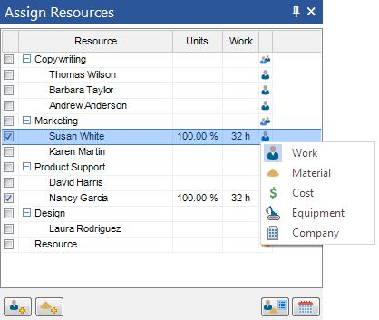 Click the check box next to a Resource to assign it to the selected Task.