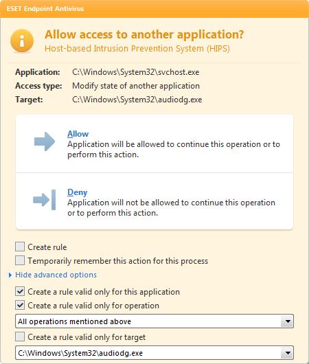 The dialog window allows you to create a rule based on any new action that HIPS detects and then define the conditions under which to allow or deny that action.