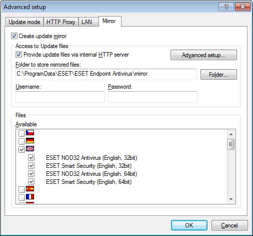 4.3.1.2.4 Creating update copies - Mirror ESET Endpoint Antivirus allows you to create copies of update files which can be used to update other workstations located in the network.