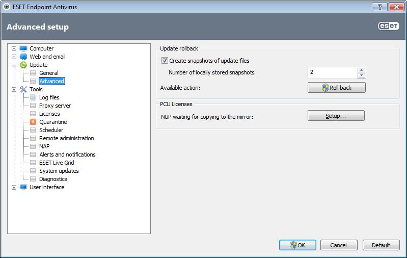 4.3.2 How to create update tasks Updates can be triggered manually by clicking Update virus signature database in the primary window displayed after clicking Update from the main menu.