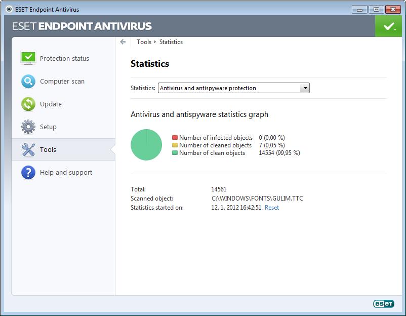4.4.3 Protection statistics To view a graph of statistical data related to ESET Endpoint Antivirus's protection modules, click Tools > Protection statistics.