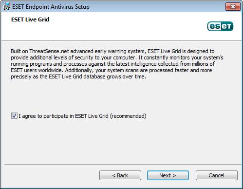 By default, the I agree to participate in ESET Live Grid option is selected, which will