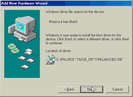 then click Next to continue. Windows will detect the driver (PalmUSBD.