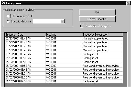 Exceptions Overview Viewing Exceptions Exceptions keep track of audit information such as when a free vend was given, or when the A/C power was lost.