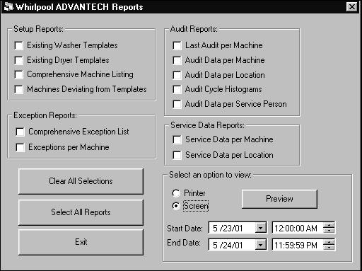 Reports Overview The Management Software provides an extensive selection of reporting options to help you track your machine setup and service data, audits, and exceptions.