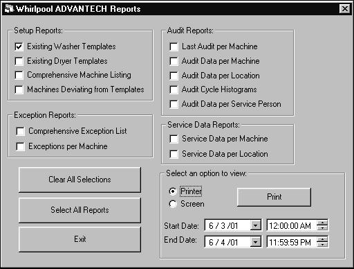 Reports Printing Reports Before printing a Report, verify the correct location is selected from the Location: drop-down list. 1. Click on Reports. The Whirlpool ADVANTECH Reports dialog box appears.