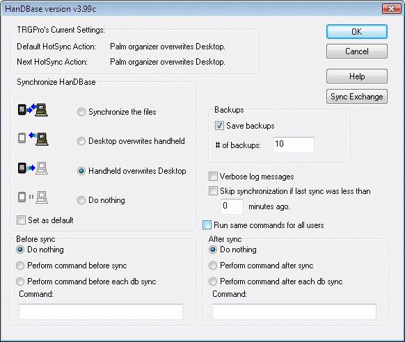 Settings Palm OS You can change the following settings for the HanDBase conduit.