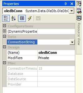 Use ConnectionString property in to Properties Window to set connection information.