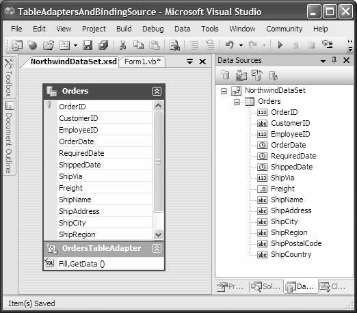 98 Introducing Microsoft Visual Basic 2005 for Developers Figure 4-2 Using the DataSet Designer to edit a data source.
