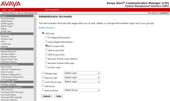 Add SMS User Account (Continued) Create a user account on the Communication Manager System Management Interface web page by
