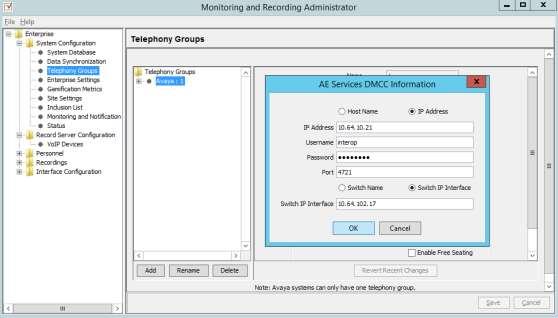 Configuration of the Application Enablement Interfaces DMCC (Continued) The Avaya Configuration screen is displayed.