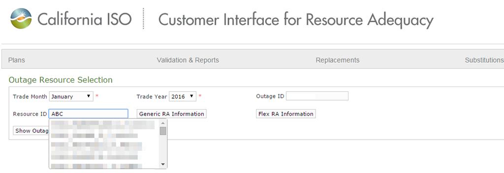 CIRA New Substitution Select a Trade Month and Trade Year Enter the Outage ID or Resource