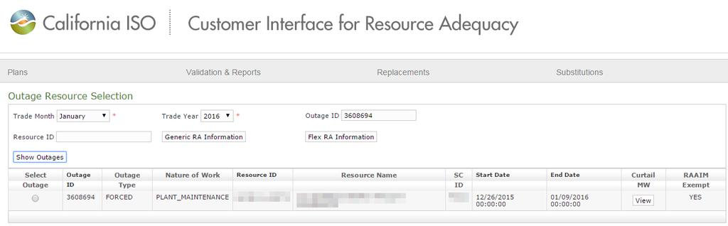 CIRA New Substitution Enter a specific outage ID to view just that one