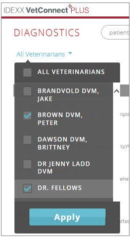 Filtering results by veterinarian There s no need to search through results for every veterinarian at the practice.