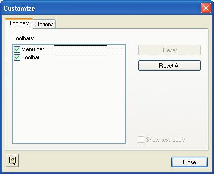 On the Toolbar page you can defi ne the following: Which toolbars and/or menu bars are shown or hidden.