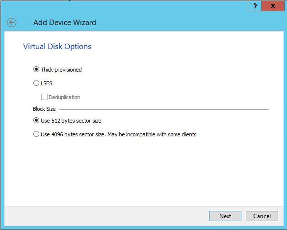 5. Specify virtual disk options. Click Next to continue.