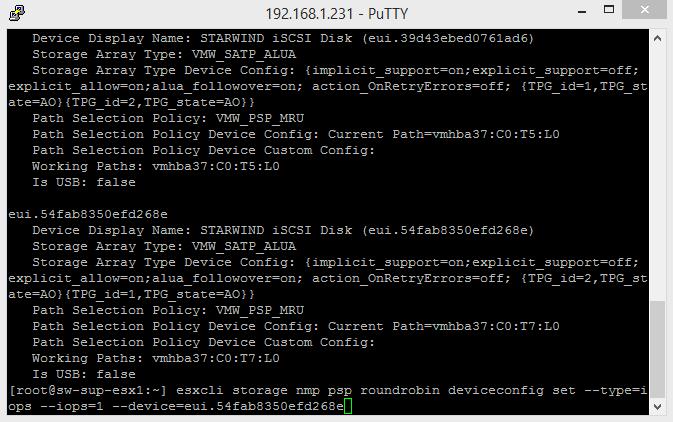6. For devices adjust Round Robin size from 1000 to 1 using following cmdlet: esxcli storage