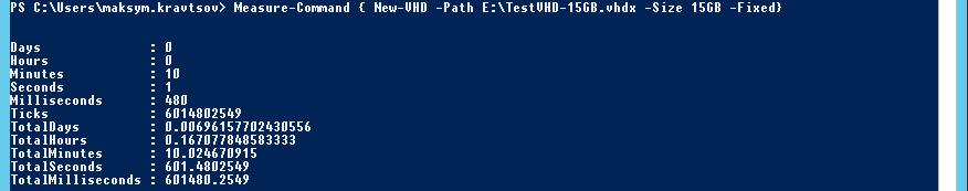 5. Creating a vhdx file on the disk (disk E in this case). This may be done in GUI, but is easier in PowerShell.