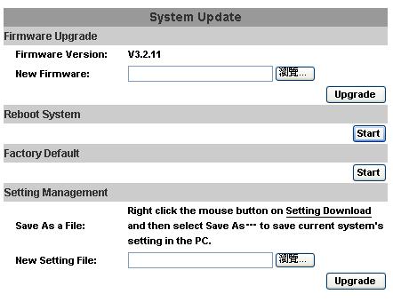 iii System update: a. To update the firmware online, click Browse to select the firmware. Then click Upgrade to the proceed. b. Reboot system:re-start the IP camera c.