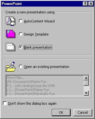 Starting PowerPoint OVERVIEW When you start PowerPoint, you will see a dialog box that includes four options.