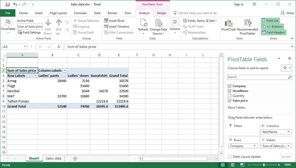 Creating the PivotTable report 1. The cell cursor is in the area designated for the PivotTable report. Thereby, the PivotTable Tools appear on the ribbon.