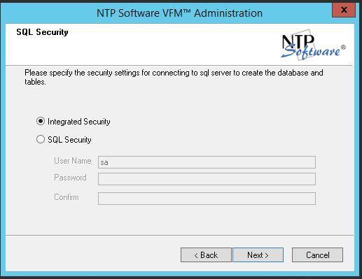 10. In the SQL Security dialog box, specify which security settings you want to use to connect to the SQL Server.