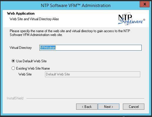 7. In the Web Application dialog box, specify the name of the virtual directory needed to gain access to the NTP Software VFM administration website.