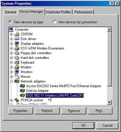Step 8: Open Control Panel/System/Device Manager, and check Network Adapters to see if any exclamation mark appears next to the IEEE 802.11 Wireless LAN PC Card. If no, your 802.