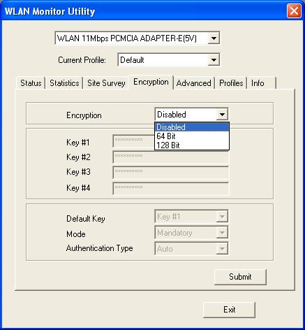Encryption On the Encryption screen, show in Fig 4-5, you can set the level of security with which you will be using the WLAN PC Card.