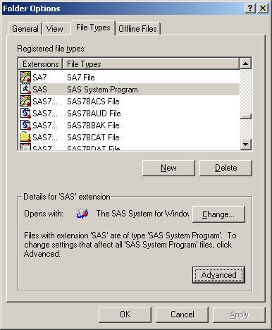 Go to Windows Explorer Select Tools->Folder Options from the Menu Bar Click on File Types Scroll down until you find SAS System Program Delete the extra extension that Windows creates as a result of