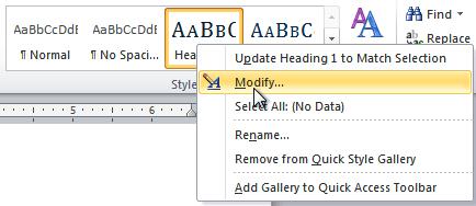 Page 3 To Modify a Style: 1. Locate the style you wish to change in the Styles group. 2. Right-click the style. A drop-down menu will appear. 3. Click Modify and the Modify Style dialog box appears.