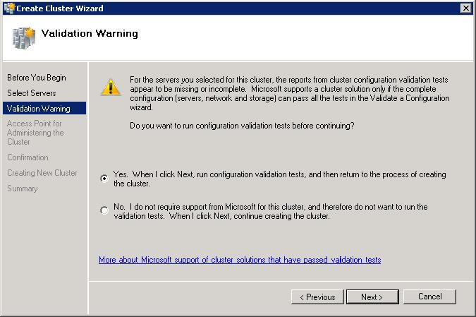 5. In the Validation Warning dialog of the Create Cluster Wizard,