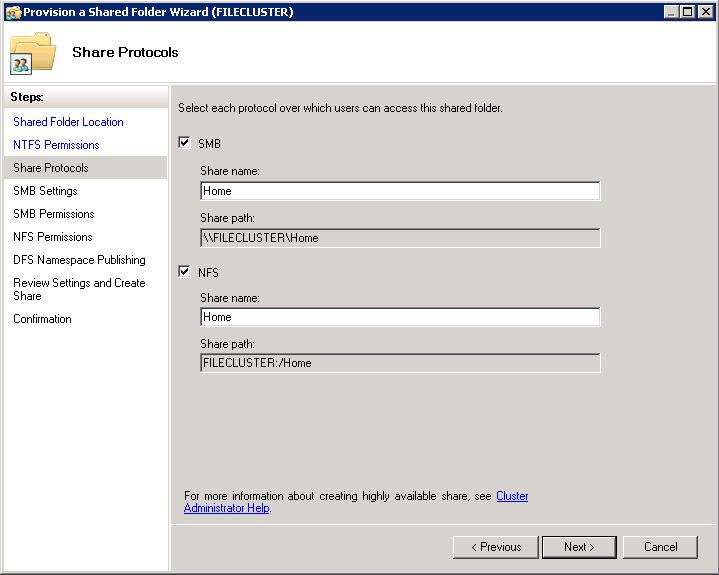 NOTE: If you choose the same share name for both SMB and NFS, you will see a dialog asking