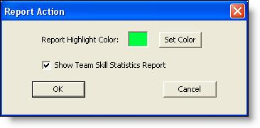Message Box Action dialog box Report Action The Report action highlights in color the cells in the CSQ and Oldest in Queue columns in the tabular Team Skill Statistics real time display when the data