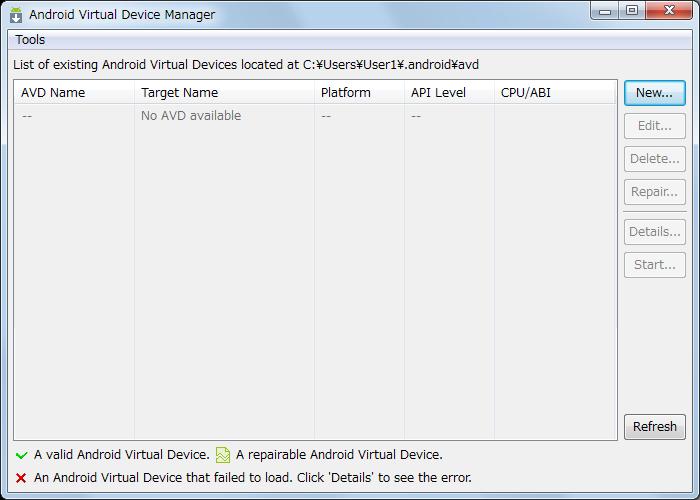 Executing Sample Application (Emulator) 1 Start Android Virtual Device Manager.