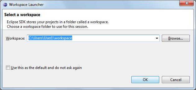 3 Set up the work folder during Eclipse startup process. Click the [OK] button. (In this manual, the default settings are used.