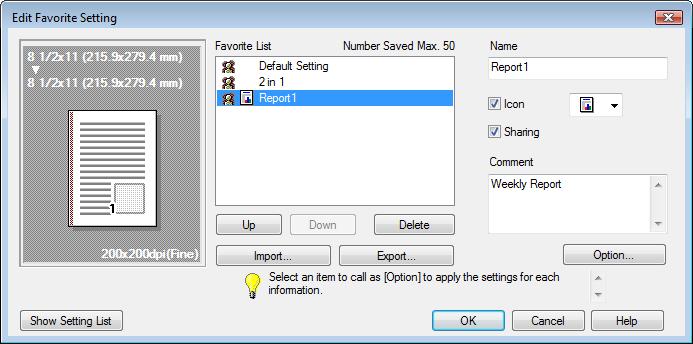 4.10 Saving the driver settings 4 d Reference You can save (export) the settings in a file. For details, refer to page 4-30. 4.10.2 Recalling settings Select the name of settings to be recalled from the "Favorite Setting" drop-down list in the FAX driver printing preferences dialog box.