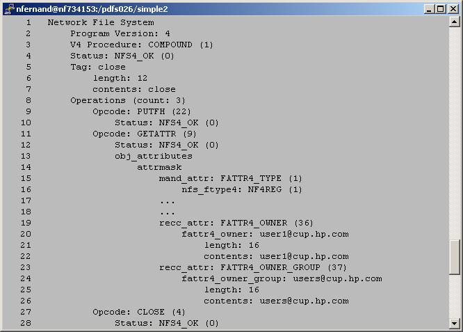 Figure 13. GETATTR opcode reply Figure 13 contains the results of a GETATTR opcode request. The GETATTR opcode was sent as part of the close() system call.