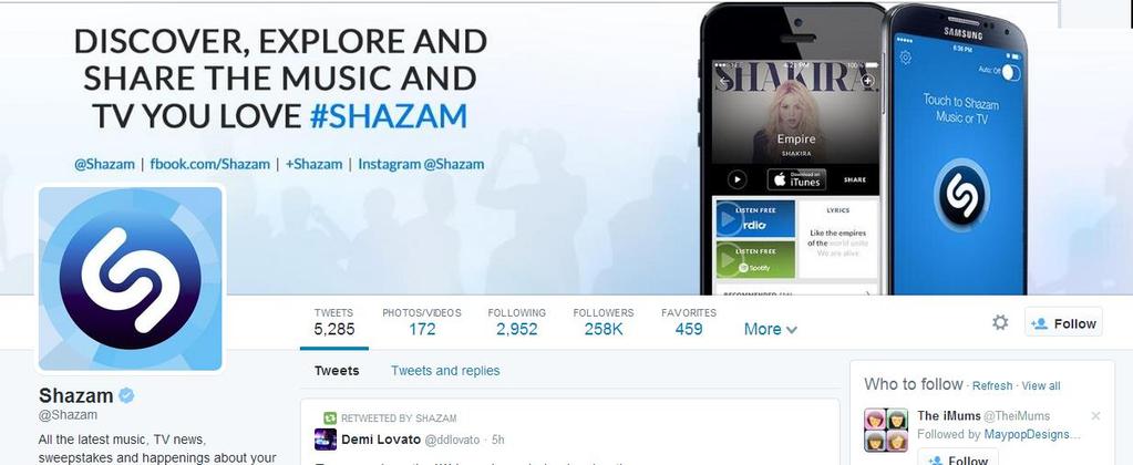 Use case #5: Shazam Twitter page is simple. I have chosen to present it here because of the great hints of their context.