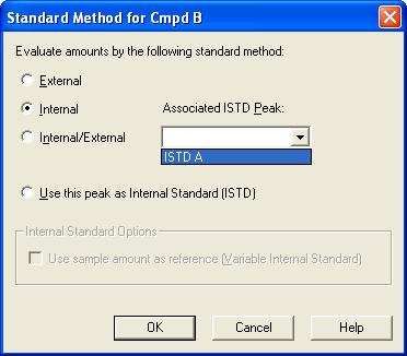 In the dialog box, select Internal and in the pull down list for Associated ISTD Peak choose the name of the internal standard.