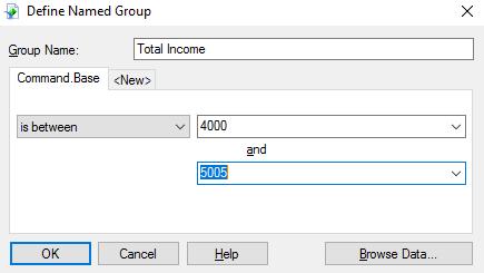 7. Select is between from the drop down list and type in 4000 and then 5005 in the lower box as seen in the screen print above 8. Click OK once only 9. Click New again and type in Total Expense 10.