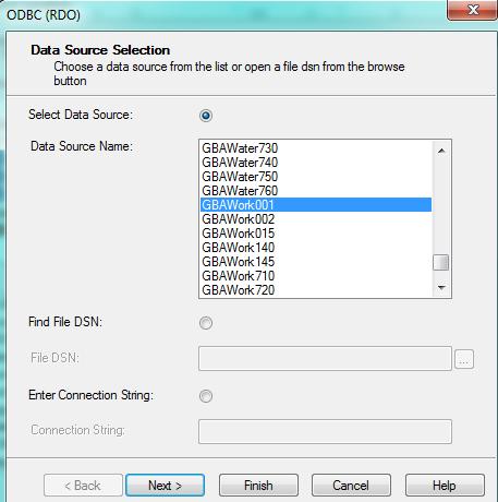 5. In the ODBC dialog, click on the correct Datasource name and then click