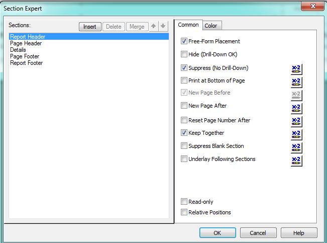 o Some useful options include Suppress, Hide, Insert Section Below, Delete Section, and Select All Section Objects.