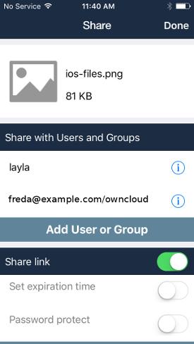 1.4 Sharing Files You can share with other owncloud users, and create public share links.